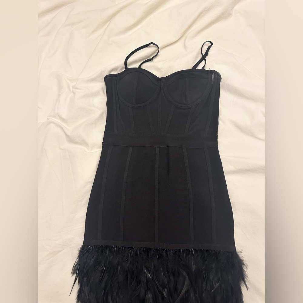 Bebe sexy bandage feather trim dress
